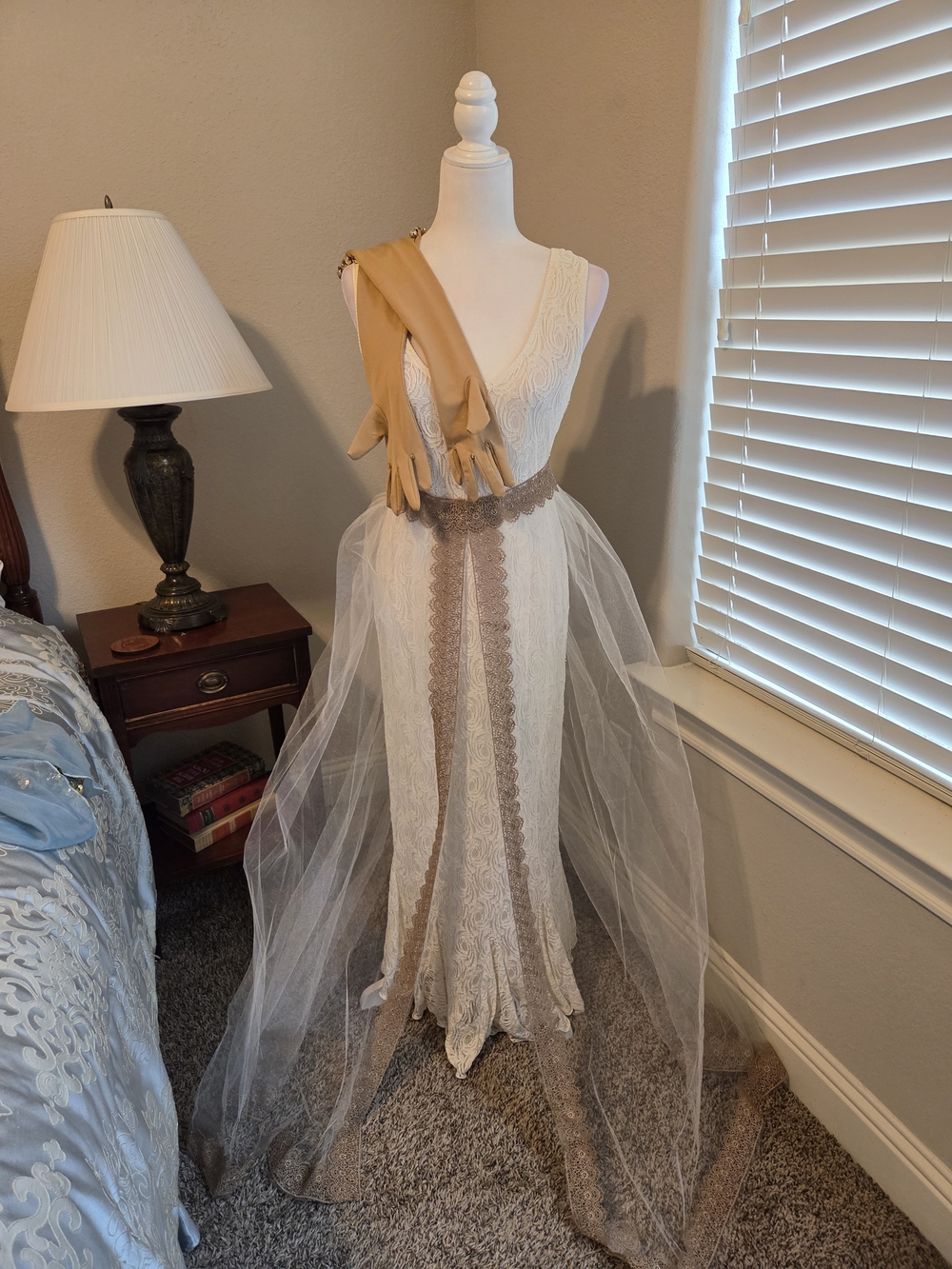 Halloween Cream Lace Evening Gown with Taupe Tulle Overlay & Long Gold Gloves